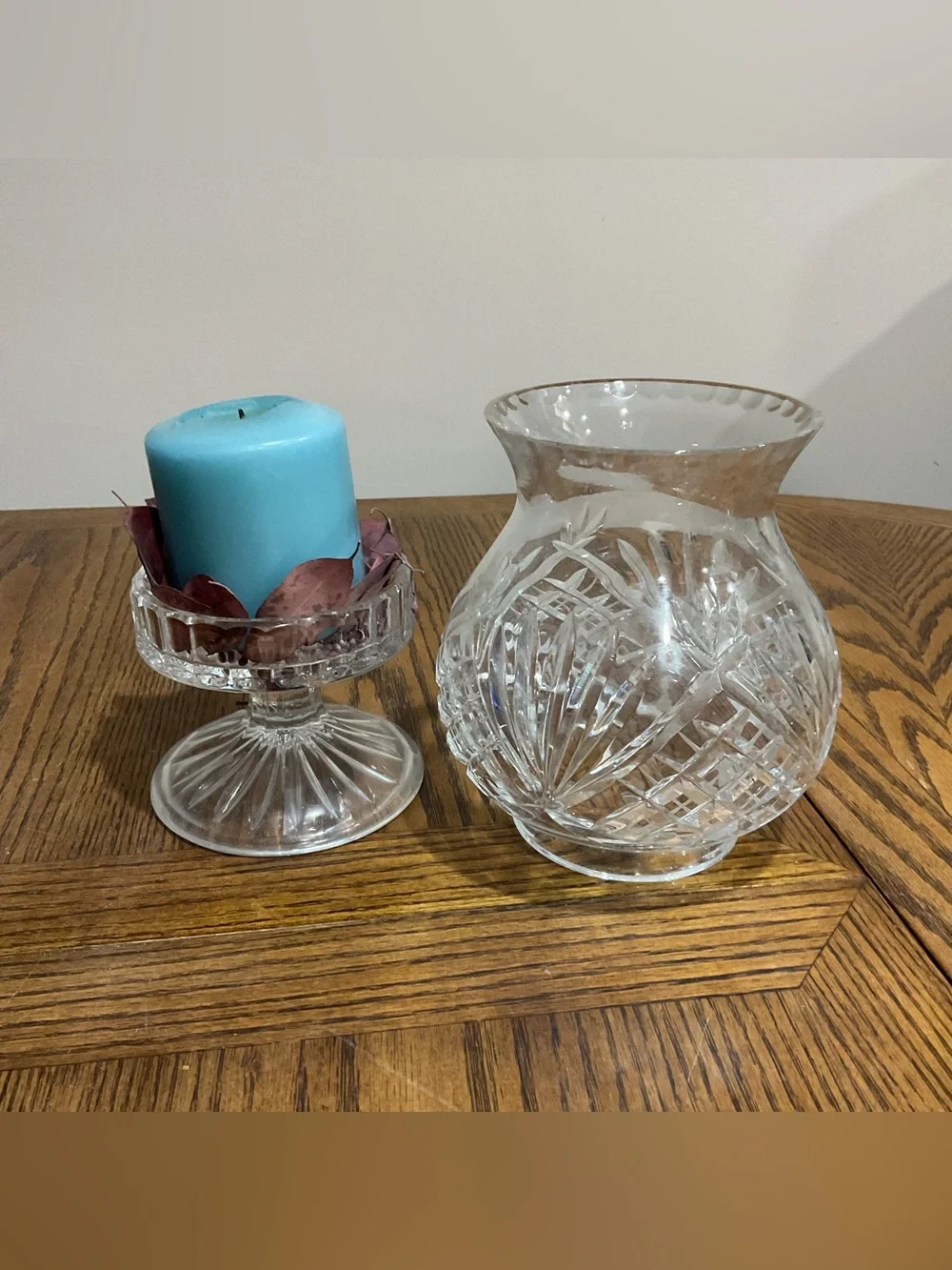 Beautiful Clear Cut-Glass Hurricane 2piece Vase with Blue Candle & Potpourri